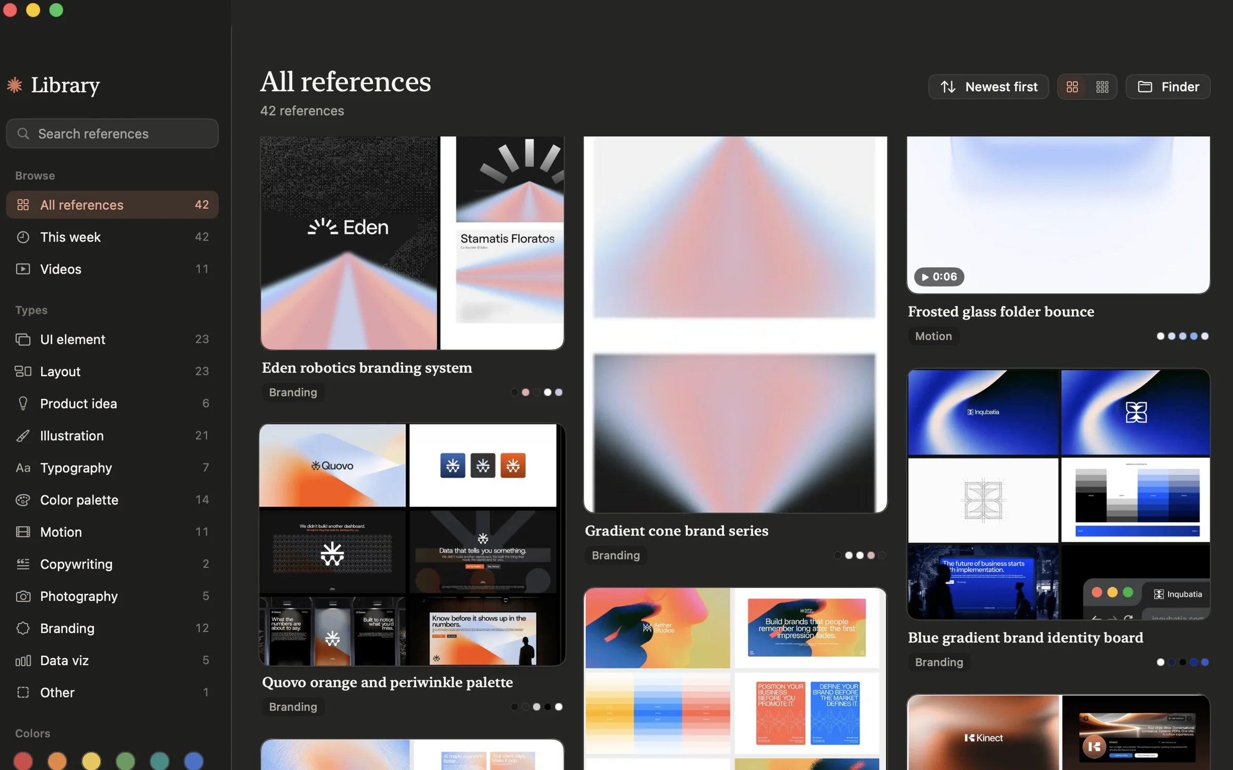 The library: every reference in a masonry grid, with filters by type, colour and style